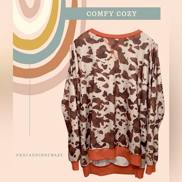 #1356 Super Cozy Cow Print Long Sleeve Sweater Top - Picture 4 of 17